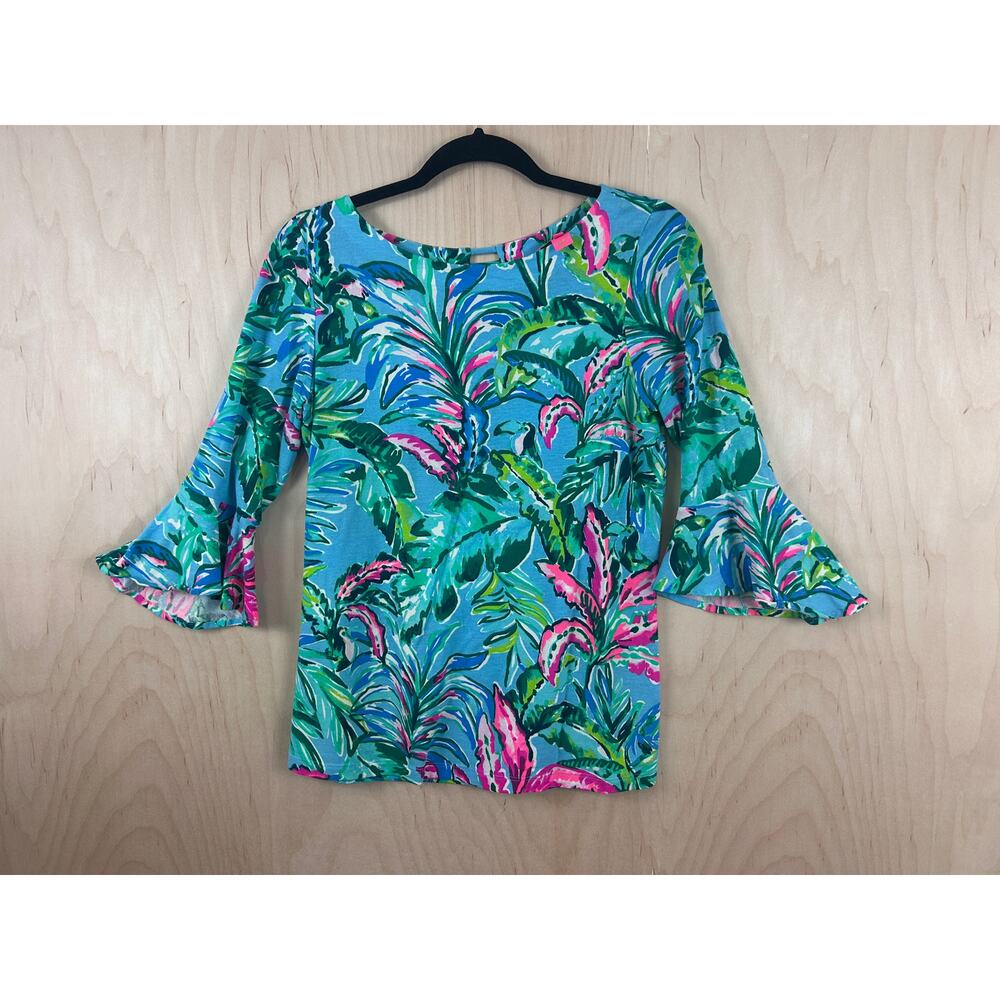 Lilly Pulitzer XS Tropical Palm Print 3/4 Sleeve Knit Top Blue Green‎